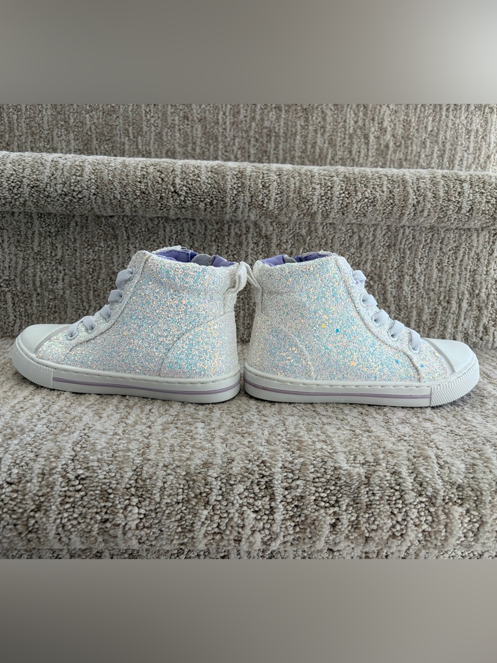 Little Girls Canvas Sneakers White Glitter Sequin High-Top Shoes. Size 11. - Picture 6 of 8